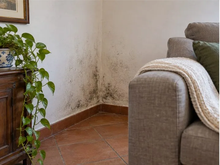 Segni di umidità e muffa nella parte bassa di una parete dietro un divano spostato