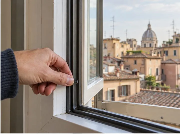 Una mano controlla la guarnizione nera lungo il bordo di una finestra aperta con i tetti di Roma sullo sfondo