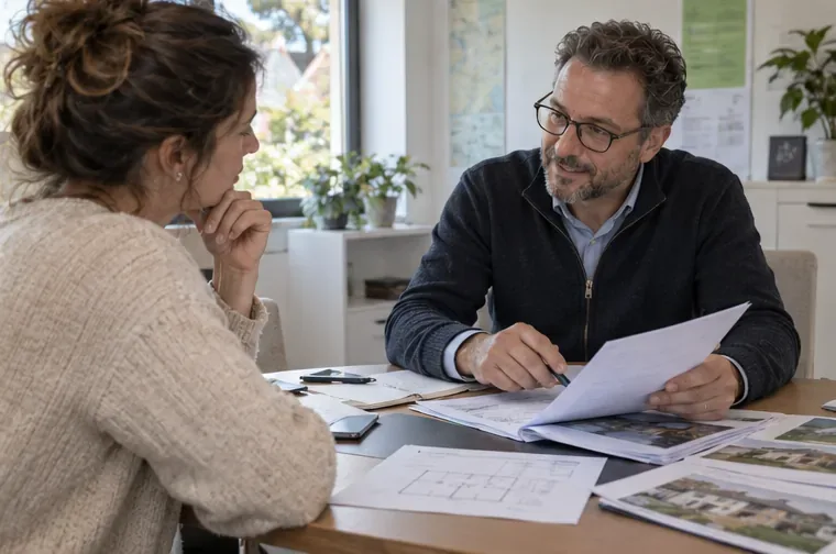 Une propriétaire échange avec un conseiller en rénovation devant des plans et des documents posés sur une table
