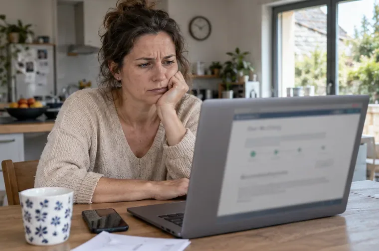 Une propriétaire consulte avec inquiétude une page de suivi floutée sur un ordinateur portable, avec un courrier posé sur la table