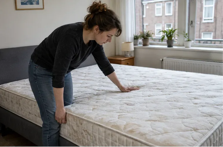 Een vrouw controleert met haar hand het oppervlak van een matras in een slaapkamer
