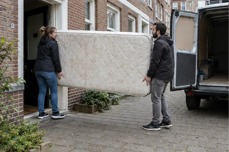 Twee volwassenen dragen samen een matras op de zijkant naar een geparkeerde bestelwagen