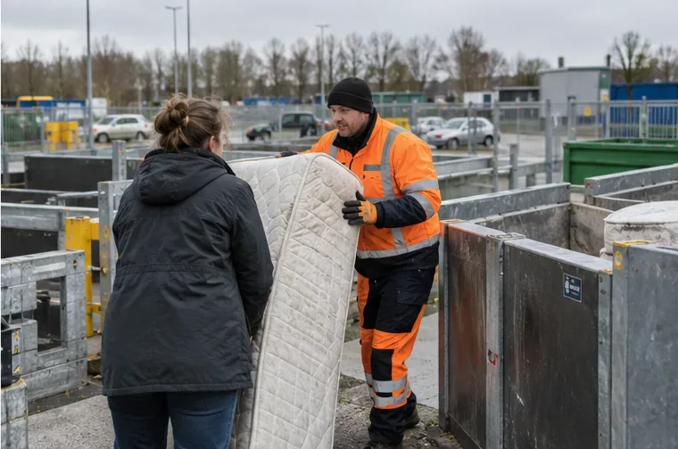 Een medewerker in veiligheidskleding ontvangt een matras bij een afvalbrengstation
