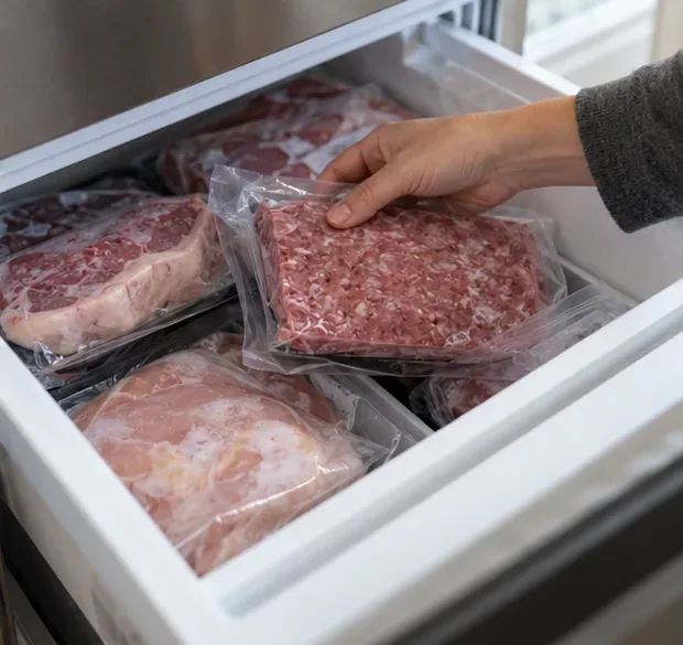 A hand checking a sealed package of raw meat among other packages in a home freezer