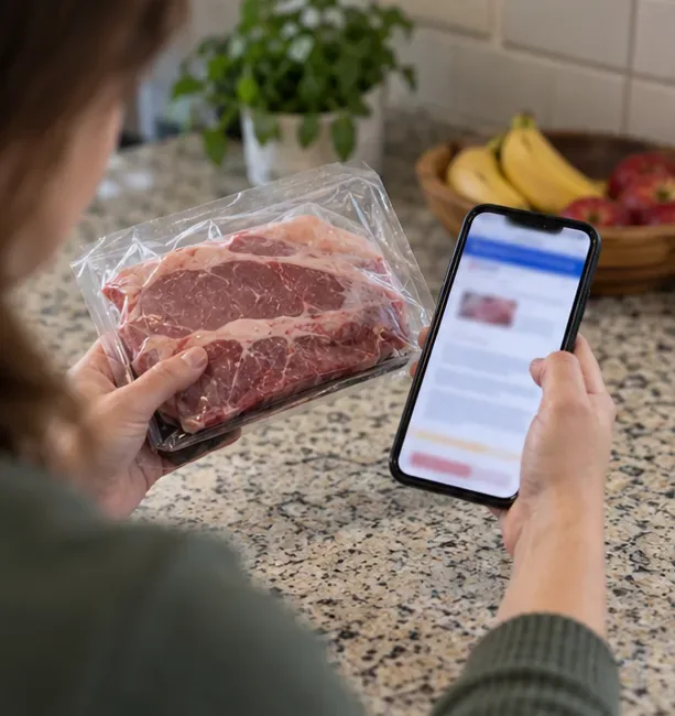 A consumer comparing a sealed meat package with a recall notice displayed on a smartphone