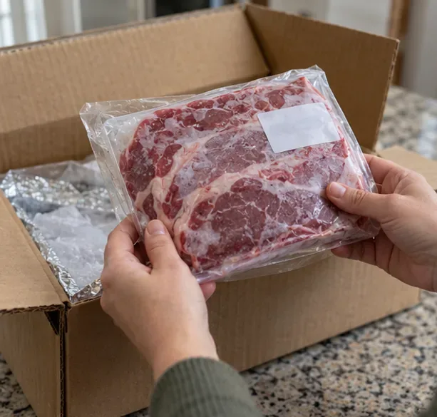 Hands examining an unbranded, vacuum-sealed raw meat package beside an open shipping carton