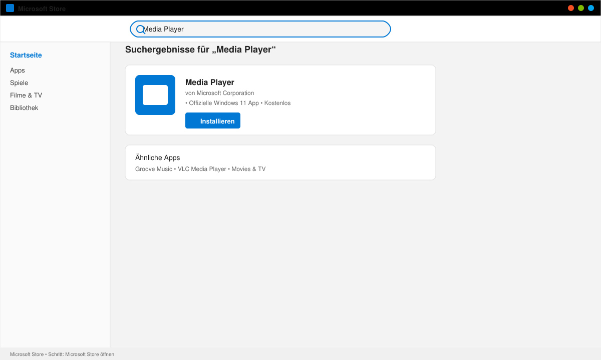 Screenshot des Microsoft Store mit der Suchleiste und dem Suchbegriff Media Player