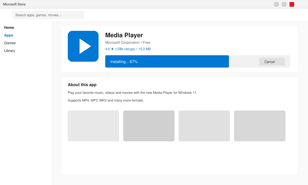 Installationsfortschrittsanzeige im Microsoft Store für die Media Player App