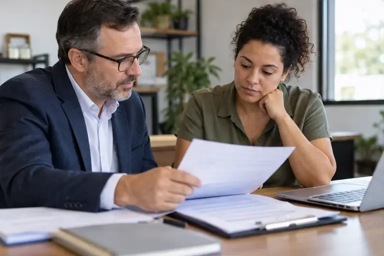 Empreendedora e assessor analisam documentos fiscais juntos em uma mesa de trabalho