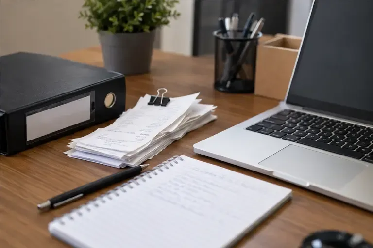 Pasta com recibos, caderno e laptop organizados para a conferência anual do negócio