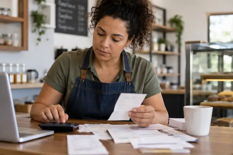 Microempreendedora confere recibos, documentos de venda e uma calculadora em uma mesa de trabalho