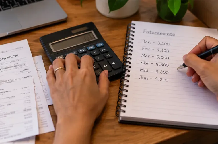 Pessoa usa calculadora e anota valores mensais de faturamento em um caderno ao lado de documentos fiscais