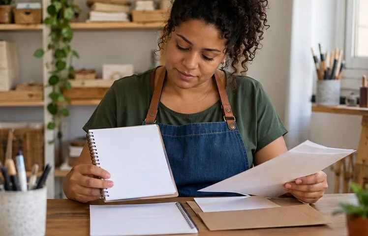 Empreendedora confere um caderno e papéis organizados antes de iniciar o cadastro do MEI.