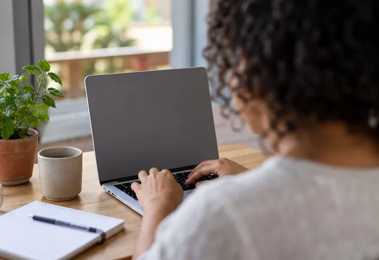 Pessoa digita em um notebook cuja tela está voltada para longe da câmera durante um procedimento online.