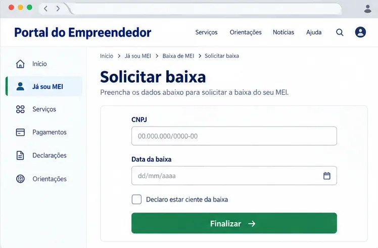 Formulário esquemático Solicitar baixa com campos de CNPJ, data da baixa e confirmação antes de finalizar