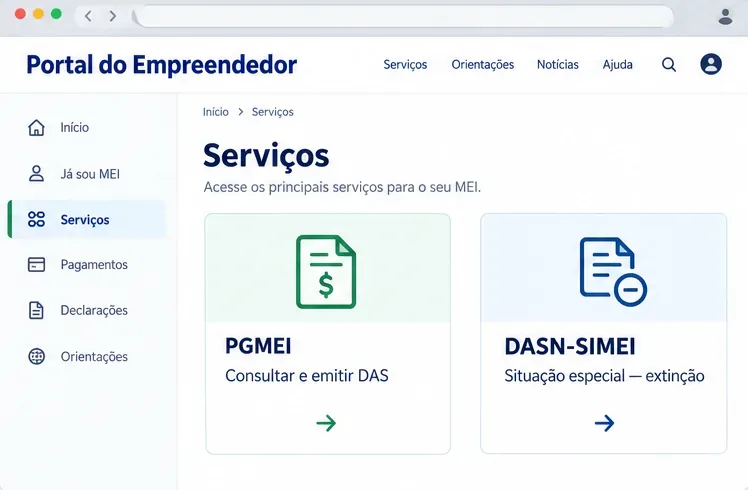 Duas opções esquemáticas de serviço, PGMEI para consultar e emitir DAS e DASN-SIMEI para situação especial de extinção