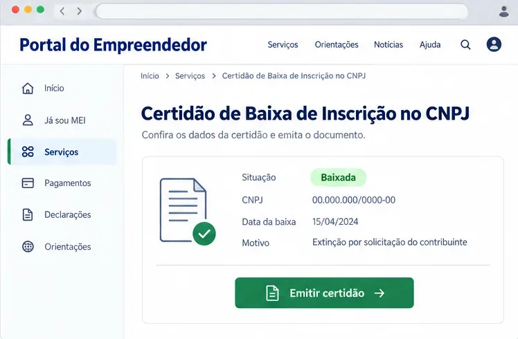 Tela esquemática de uma certidão de baixa de inscrição no CNPJ mostrando situação Baixada e botão para emitir documento