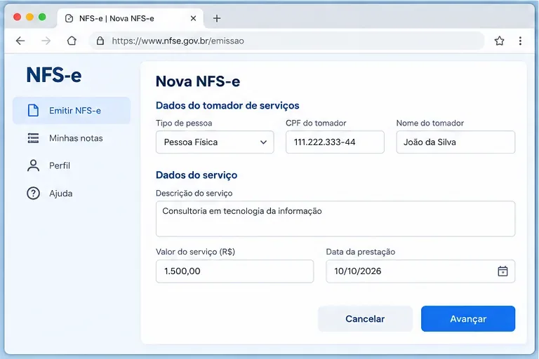 Tela ilustrativa de formulário de nova NFS-e com dados do tomador, descrição do serviço, valor e data da prestação