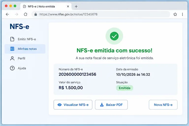 Tela ilustrativa de confirmação de NFS-e emitida, mostrando número, data, valor e opções de visualização e download