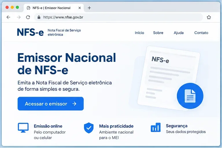 Tela ilustrativa de navegador mostrando a página de entrada do Emissor Nacional de NFS-e, com botão de acesso ao emissor