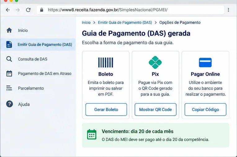 Exemplo de tela mostrando opções de pagamento do DAS por boleto, Pix e pagamento online
