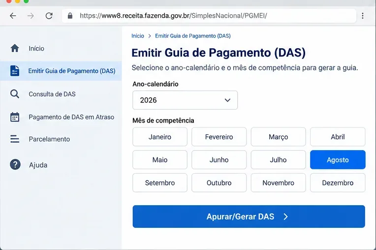 Exemplo visual da seleção do ano-calendário e do mês de competência antes de gerar o DAS