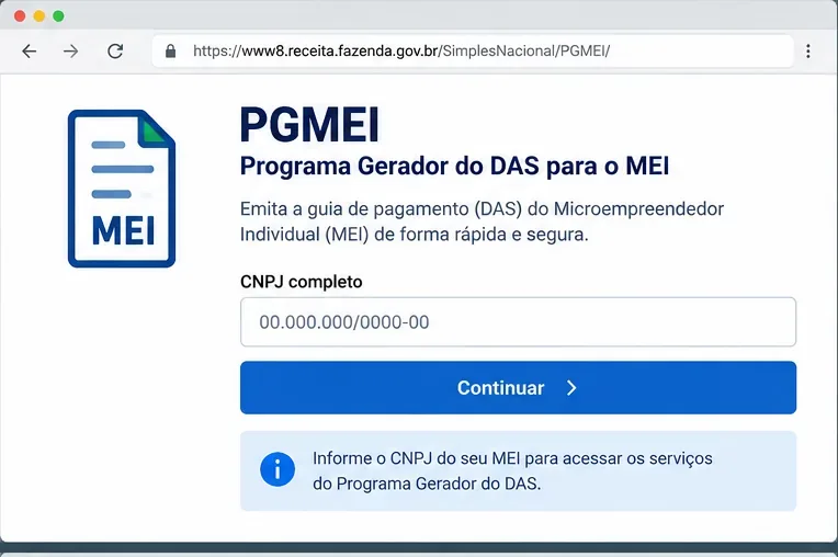 Exemplo visual do acesso ao PGMEI com campo para informar o CNPJ completo do MEI