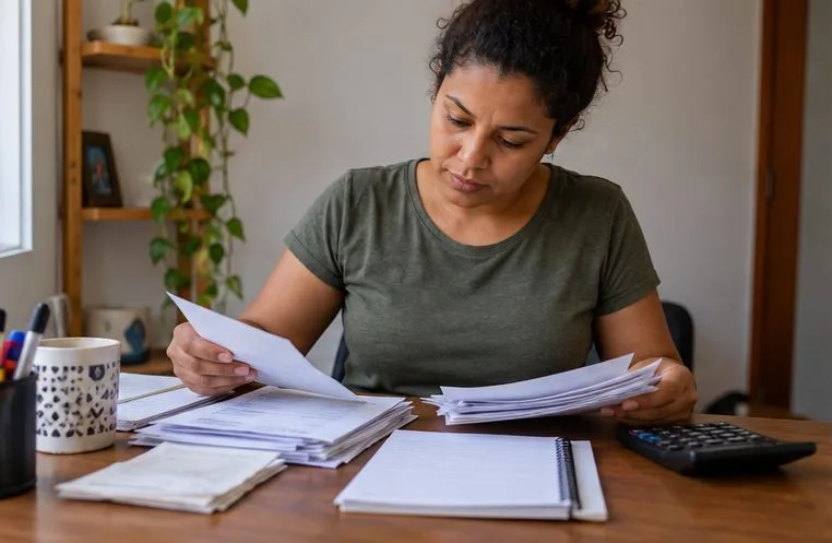 A empreendedora separa notas, recibos e um caderno antes de preparar a declaração anual do MEI.
