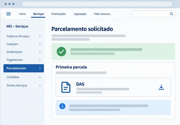 Tela ilustrativa de confirmação do parcelamento com cartão da primeira parcela DAS e ícone para emitir a guia