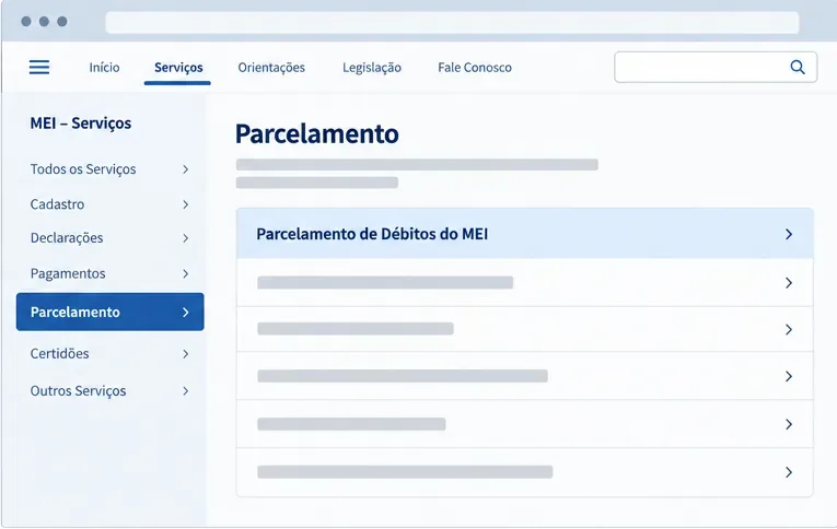 Tela ilustrativa de parcelamento com a opção Parcelamento de Débitos do MEI destacada