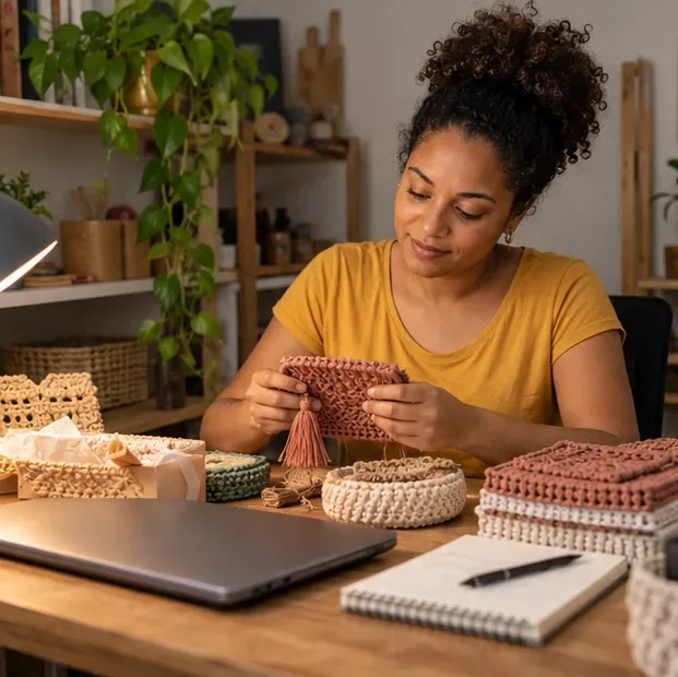 Empreendedora produz peças artesanais em uma mesa de trabalho em casa