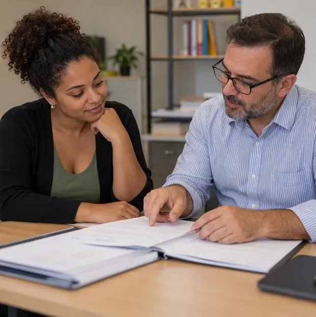 Empreendedora conversa com um orientador que aponta informações em documentos sobre uma mesa