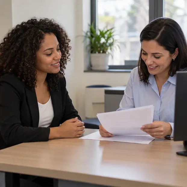 Candidata e profissional de recursos humanos analisam juntas um documento em um escritório