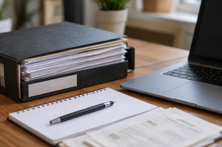 Pasta com documentos organizados, caderno e notebook sobre mesa de escritório
