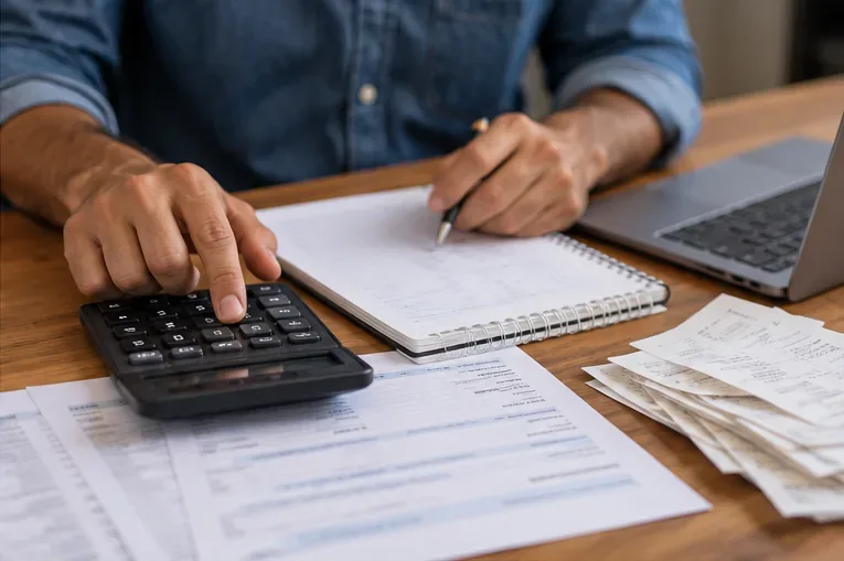 Pessoa usando calculadora com caderno, comprovantes e documentos financeiros sobre a mesa