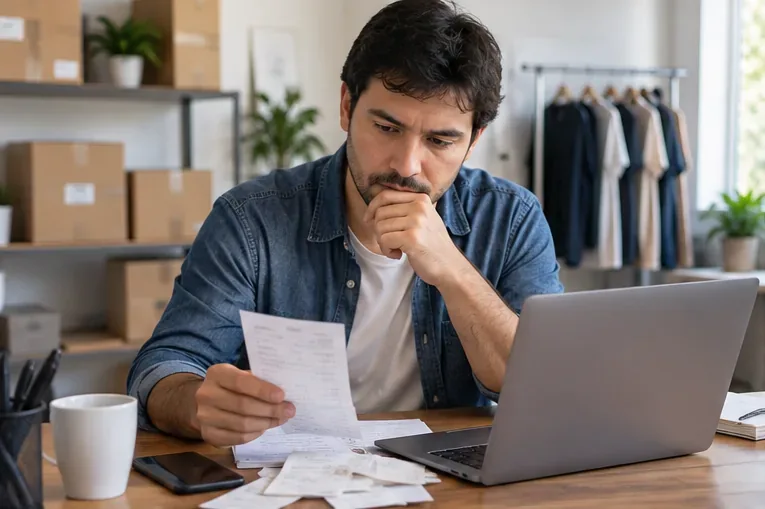 Empreendedor conferindo recibos e valores de vendas ao lado de um notebook