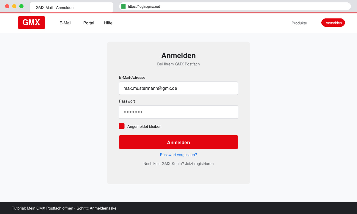 Anmeldemaske beim Mein GMX postfach öffnen