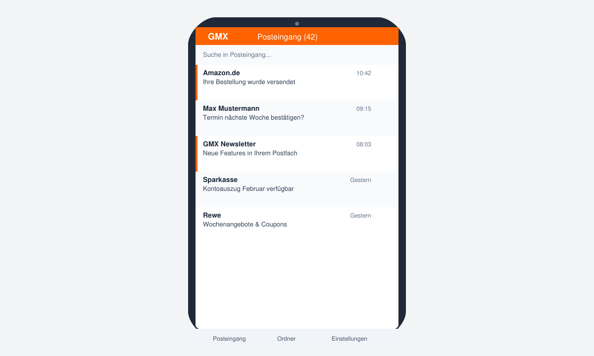 GMX Postfach in der mobilen App geöffnet