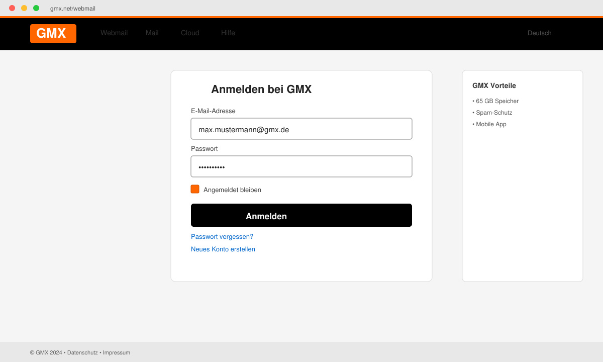 Anmeldebildschirm des GMX Webmailers mit Eingabefeldern für E-Mail und Passwort