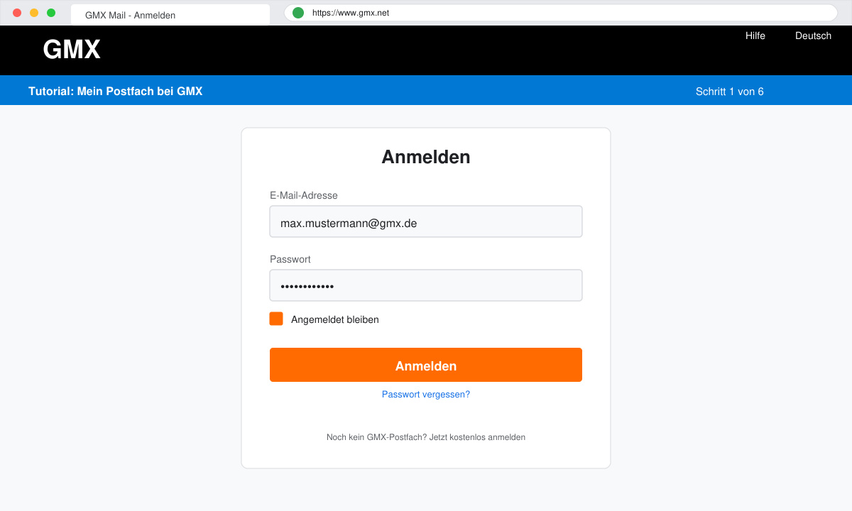 Anmeldeformular auf gmx.de mit ausgefüllten Feldern für E-Mail-Adresse und Passwort