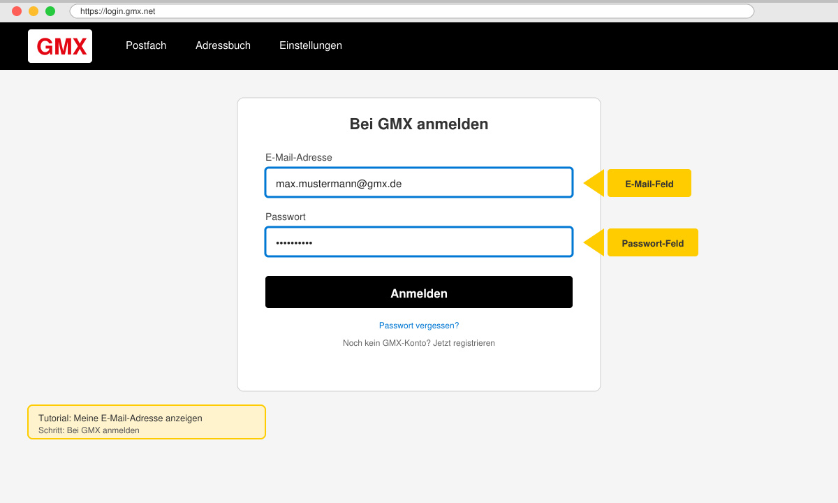 Anmeldebildschirm von GMX mit markierten Feldern für E-Mail und Passwort