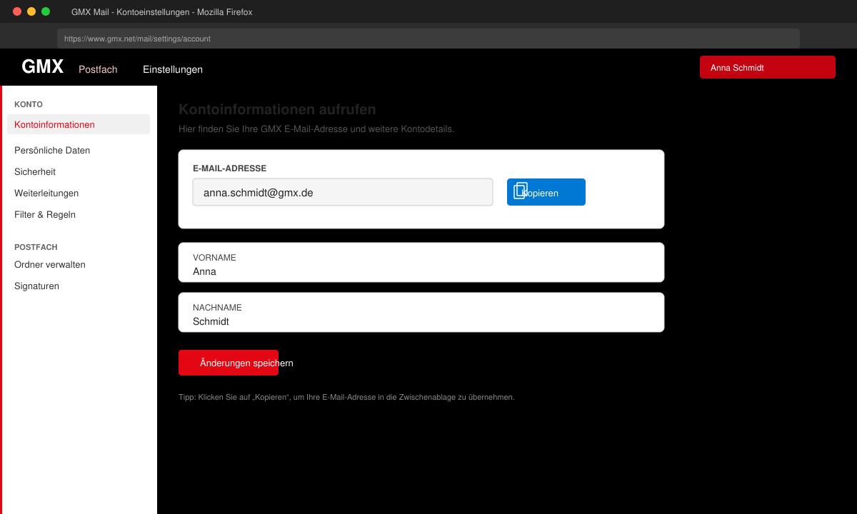 Screenshot der Kontoeinstellungen mit sichtbarer E-Mail-Adresse und Kopier-Button