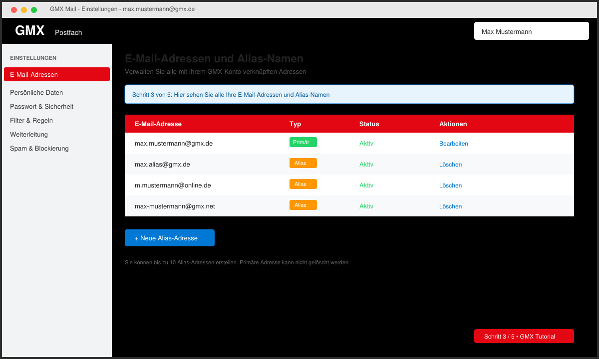 GMX Einstellungen mit Liste aller E-Mail-Adressen und Alias