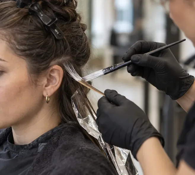 Una profesional aplica color con pincel a un mechón separado junto a la cabeza de una clienta
