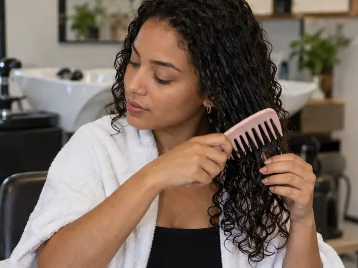 Mulher desembaraça o cabelo cacheado úmido com pente de dentes largos após a lavagem