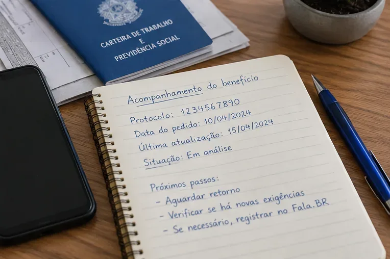 Caderno com número de protocolo, datas do pedido e da última atualização, ao lado de telefone e documentos previdenciários