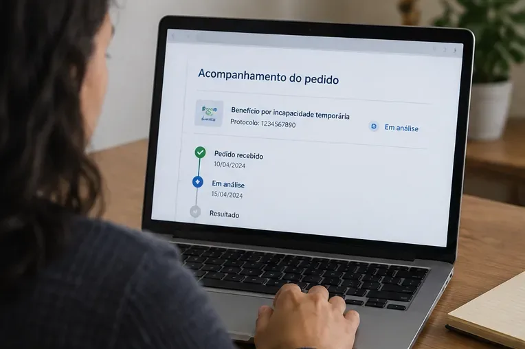 Pessoa consulta no notebook um pedido de benefício marcado como Em análise, com protocolo e linha de andamento visíveis
