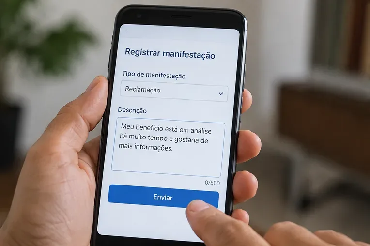 Pessoa preenche no celular um formulário de reclamação sobre benefício que continua em análise