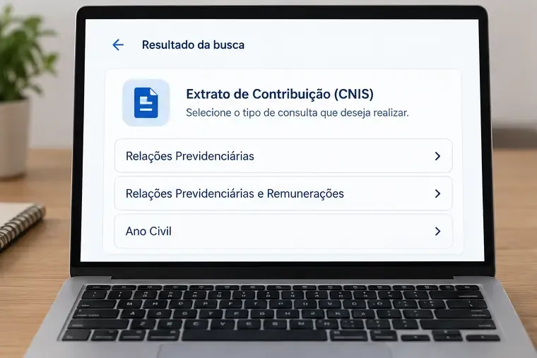 Tela ilustrativa de seleção dos três tipos de extrato do CNIS no Meu INSS