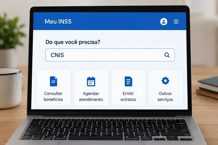Tela ilustrativa do Meu INSS com o campo Do que você precisa e a busca por CNIS preenchida
